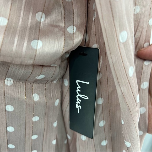 Lulus (L) Spotlight Moment Mauve Pastel Pink Polka Dot Chiffon Ruffle Mini Dress - Picture 8 of 9